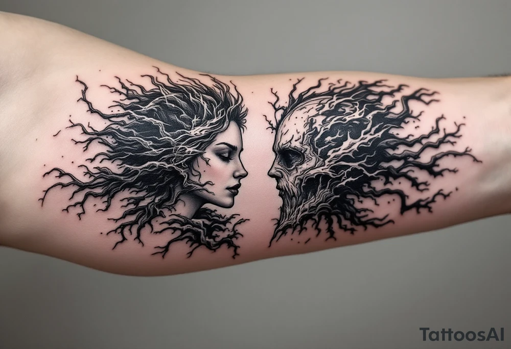 2 different worlds on each side of a black hold tattoo idea