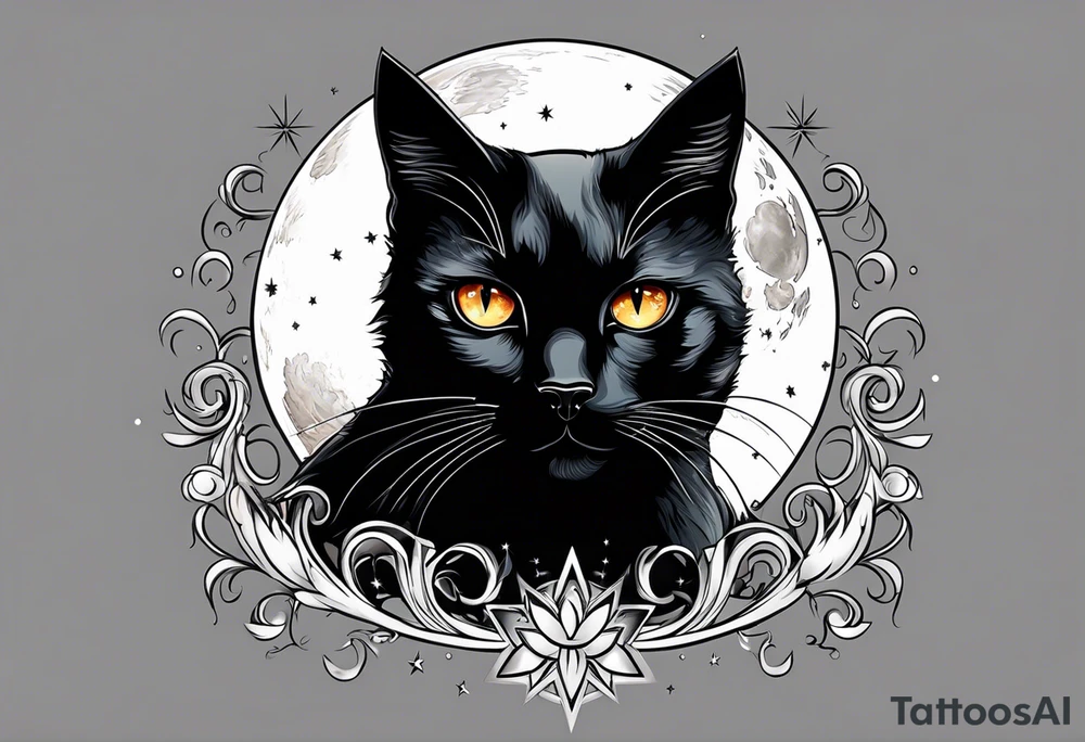Photo realistic black cat head with moon and stars tattoo idea