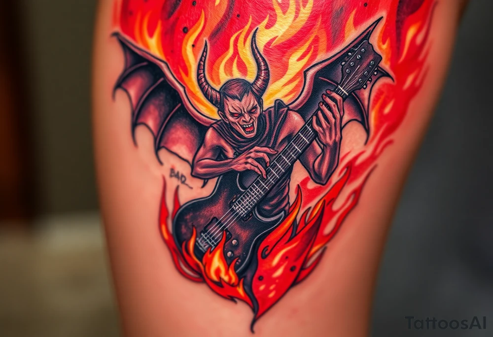 A demonic figure emerging from flames, holding a shattered guitar, set against a fiery backdrop with dark reds, oranges, and yellows tattoo idea
