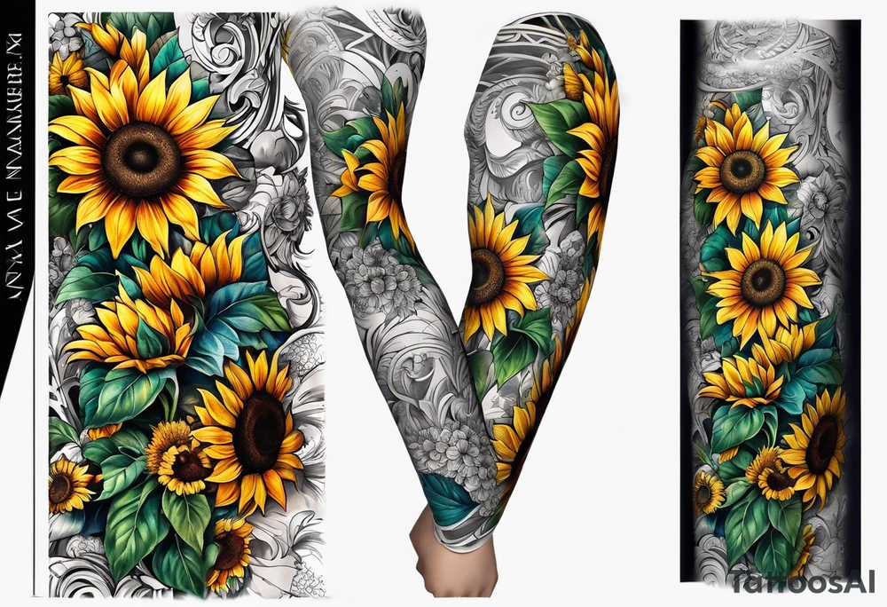 Arm sleeve Foral sunflower and roman numeral tattoo idea