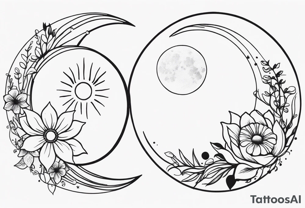 Matching friend tattoos, moon and sun, floral, vines, tiny and minimal tattoo idea