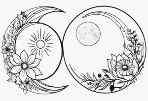 Matching friend tattoos, moon and sun, floral, vines, tiny and minimal tattoo idea