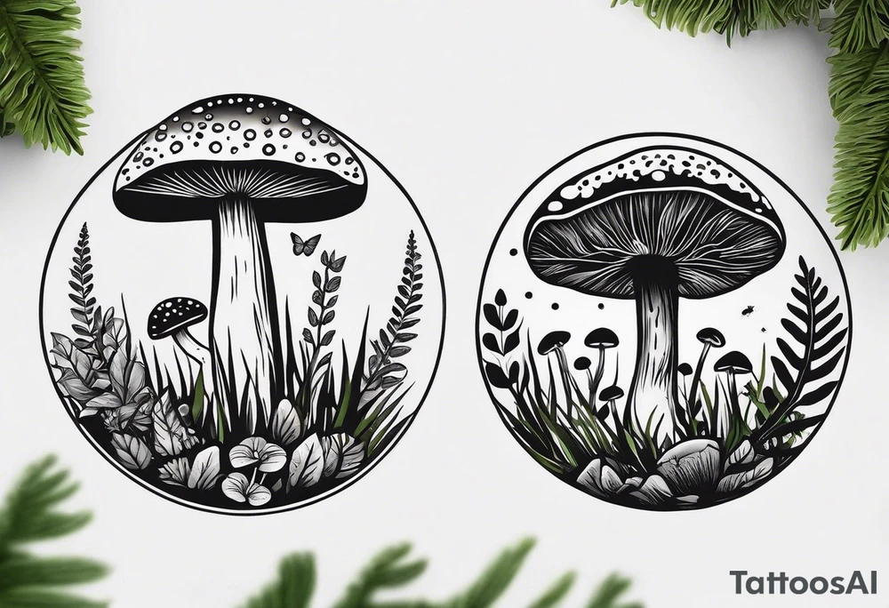minimalistic forest floor inspired tattoo, which includes grass, moss, curly ferns and dead leaves as the bulk of the tattoo. details to include: forest berries, couple of very small brown mushrooms, a tiny bumblebee flying nearby tattoo idea