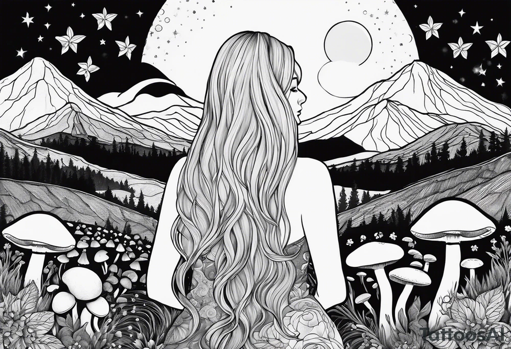 Blonde long straight hair older woman no makeup surrounded by mushrooms facing away mountains crescent moon background tattoo idea