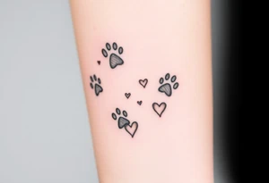 a path of cat paw prints sing natural tones of cream, gray, and light brown and hearts within tattoo idea