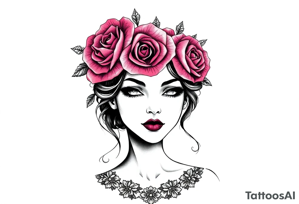 Bold vibrant gothic but also elegant and majestic wearing a rose crown also lace underneath tattoo idea