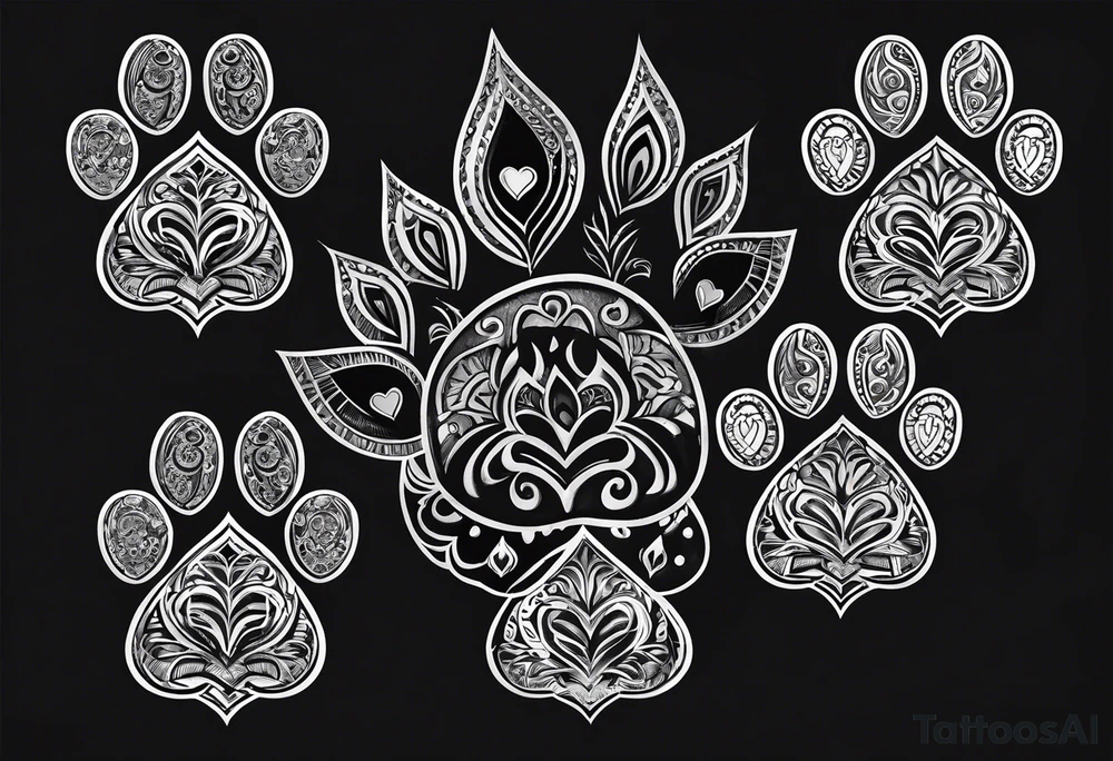 four dog paws with dark background connecting them and individual, disconnected tribal heart above them tattoo idea four dog paws with dark background connecting them and individual, disconnected tribal heart above them tattoo idea