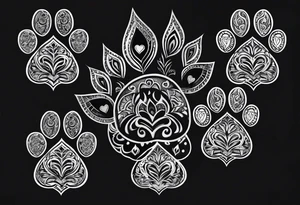 four dog paws with dark background connecting them and individual, disconnected tribal heart above them tattoo idea