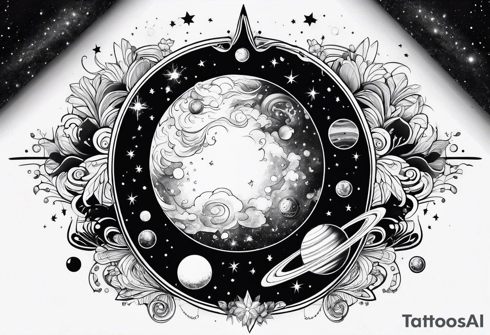 Cosmos with galaxies and planets tattoo idea