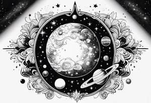 Cosmos with galaxies and planets tattoo idea