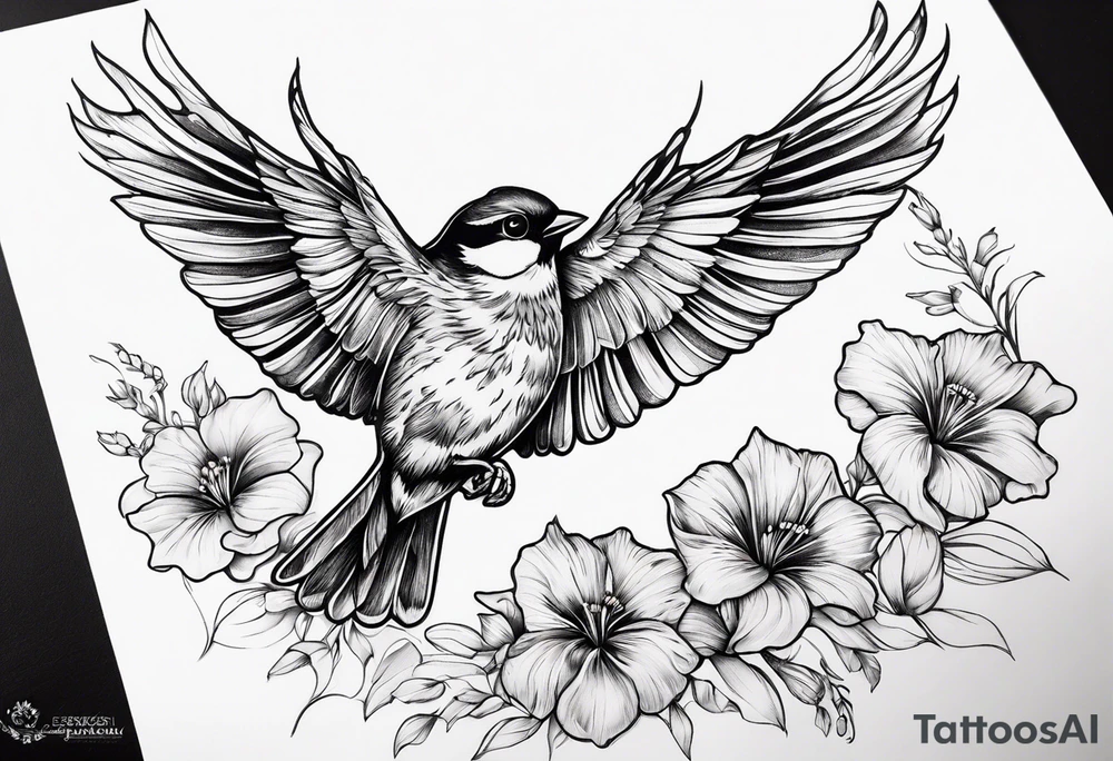 one flying
sparrow, sunrays,
make it a neck sleeve
add in a cosmos, iris, daisy, poppy and larkspur tattoo idea
