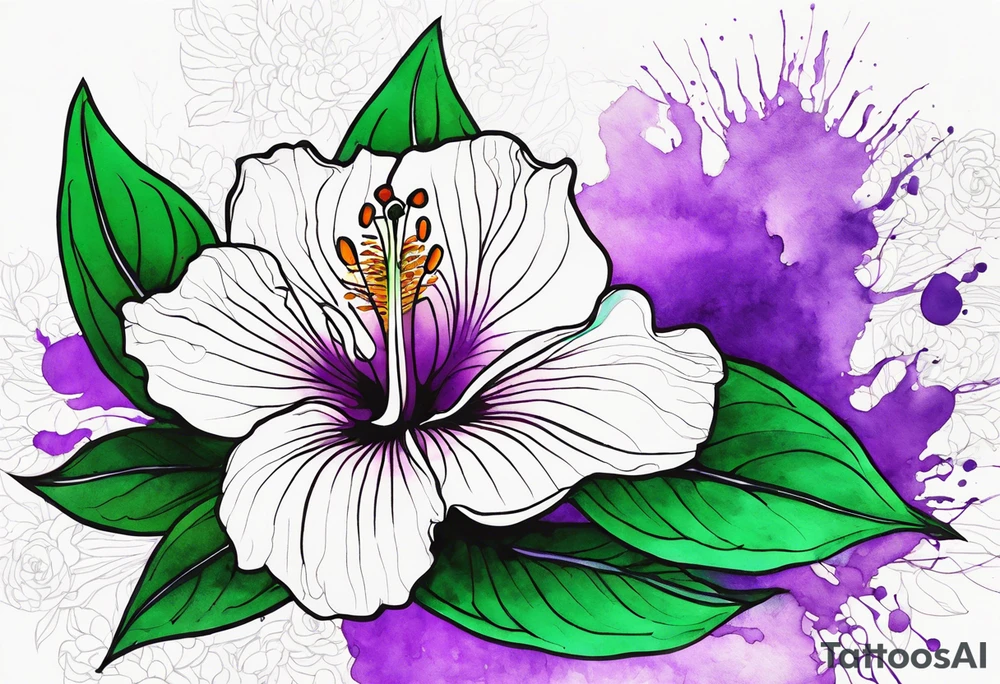 An outline of a rio dipladenia flower with a green/purple watercolor splash in the background tattoo idea