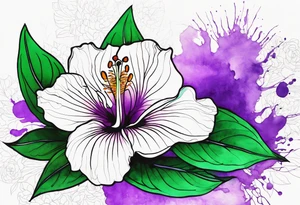 An outline of a rio dipladenia flower with a green/purple watercolor splash in the background tattoo idea