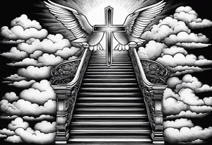 A heavenly stairway to heaven with clouds with a cross with two doves tattoo idea