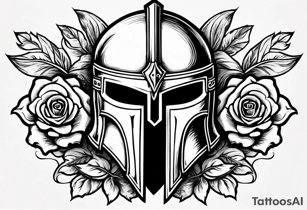 A miniature image of a Spartan helmet and a medieval sword with a rose. tattoo idea