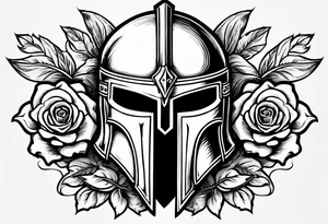 A miniature image of a Spartan helmet and a medieval sword with a rose. tattoo idea