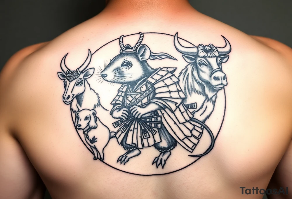 Japanese style tattoo with rat dressed as a Japanese samurai warrior. Surrounded by the rat is a goat, dog, and ox all dressed up sumurai style. Whole tattoo fits within a round shape without circular border tattoo idea