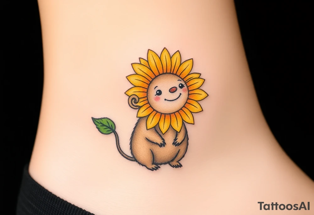 A joyful mole wearing a sunflower as a hat, with warm yellows, deep greens, and soft brown tones tattoo idea