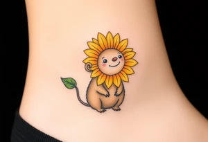 A joyful mole wearing a sunflower as a hat, with warm yellows, deep greens, and soft brown tones tattoo idea