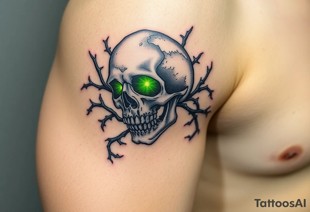 A decayed skull with glowing green eyes, wrapped in thorny vines and graveyard tattoo idea