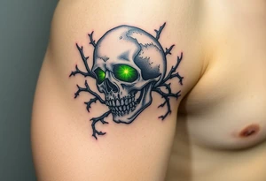 A decayed skull with glowing green eyes, wrapped in thorny vines and graveyard tattoo idea