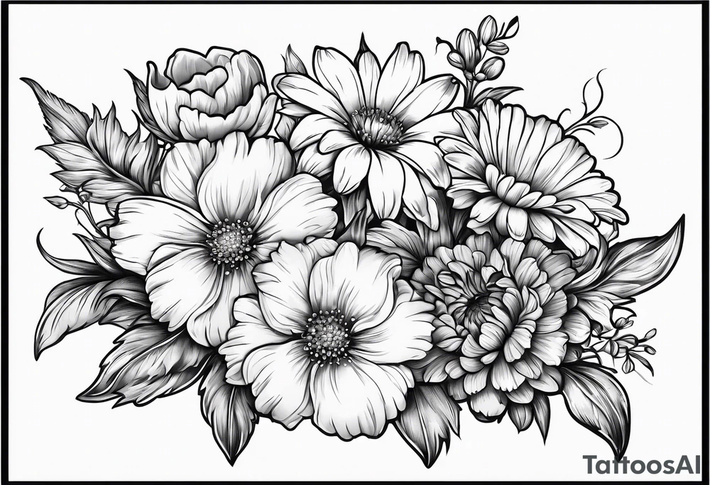 Small sketched bouquet of flowers larkspur carnation violet daisy all flowers with stem tie with bow at bottom tattoo idea