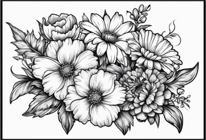Small sketched bouquet of flowers larkspur carnation violet daisy all flowers with stem tie with bow at bottom tattoo idea
