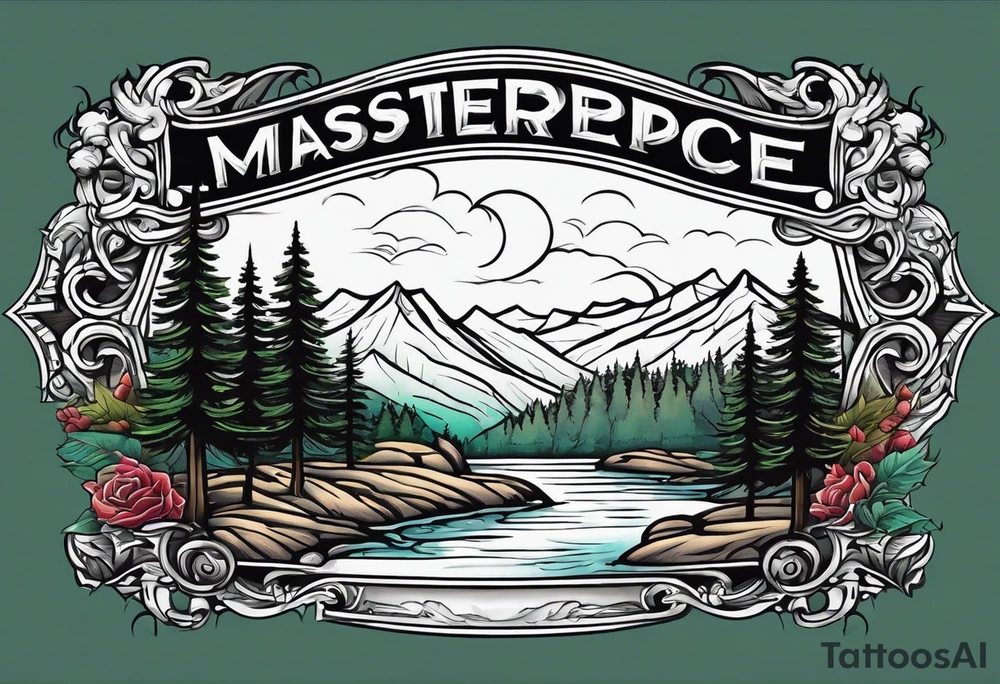 Cross with a river and evergreens tattoo idea