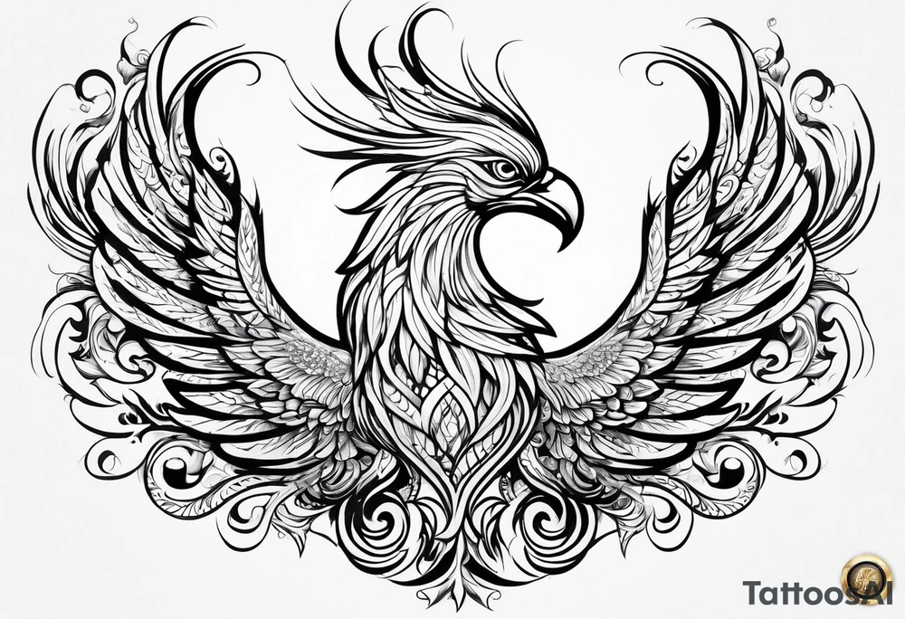 tribal pheonix with long tail curling tattoo idea