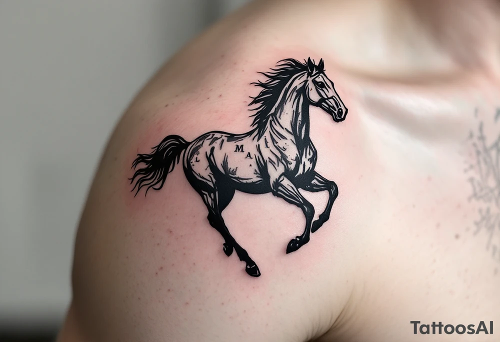 horse silhouette 
from the front which gallops from the front, with the 3 small letters discreetly integrated: M, A, L tattoo idea
