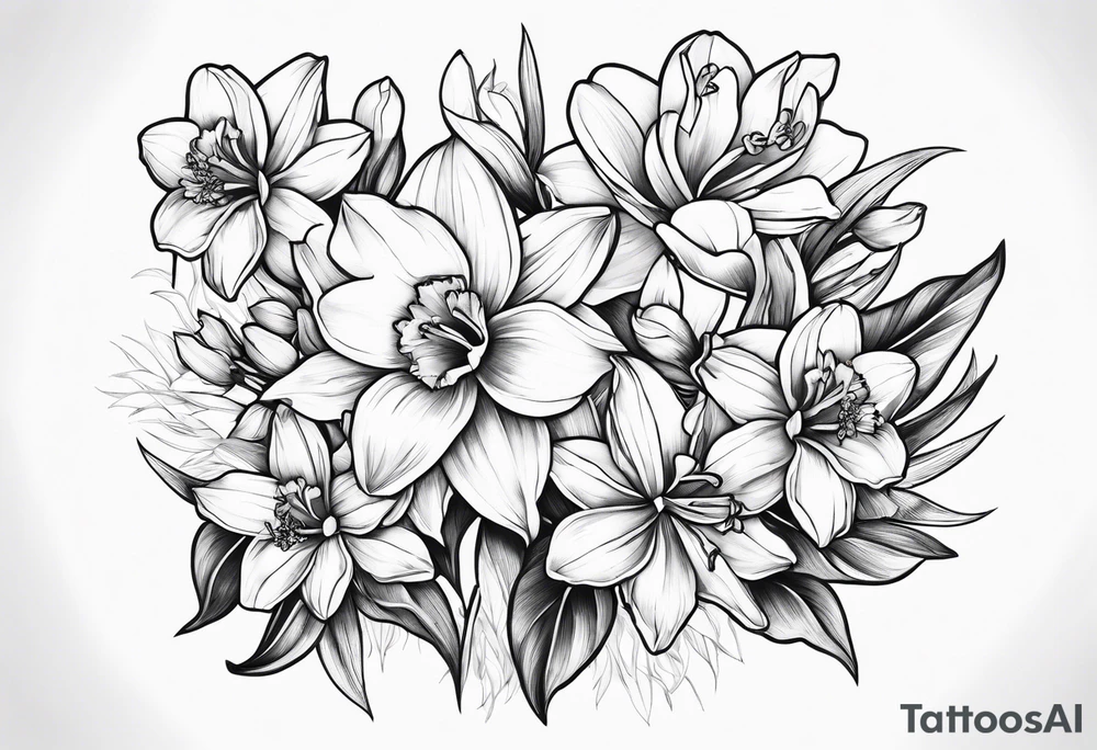 Daffodil, Azalea, Camilla, Daisy flower bouquet tattoo idea