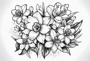 Daffodil, Azalea, Camilla, Daisy flower bouquet tattoo idea