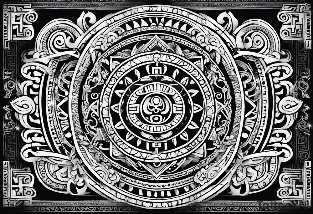 Authentic graphic tattoo in Mayan style
consisting of intertwined esoteric symbols, Sanskrit words and ornaments tattoo idea