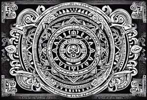 Authentic graphic tattoo in Mayan style
consisting of intertwined esoteric symbols, Sanskrit words and ornaments tattoo idea