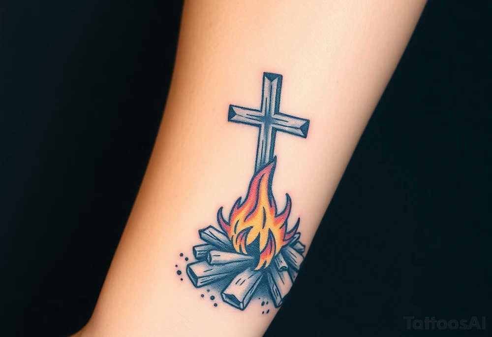 Campfire with cross include the great outdoors and night sky make sure cross doesn't look like it is on fire tattoo idea