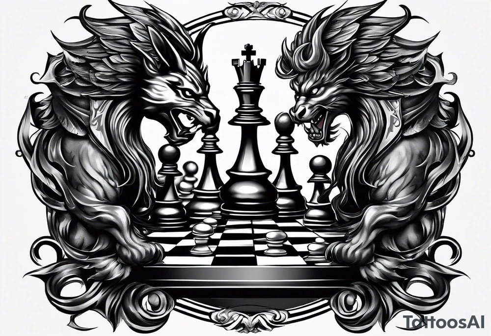 good and evil on sides with  chessboard in the middle with angelic and demonic chess pieces engaged in a strategic game, symbolizing the eternal battle between opposing forces. tattoo idea