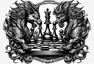 good and evil on sides with  chessboard in the middle with angelic and demonic chess pieces engaged in a strategic game, symbolizing the eternal battle between opposing forces. tattoo idea