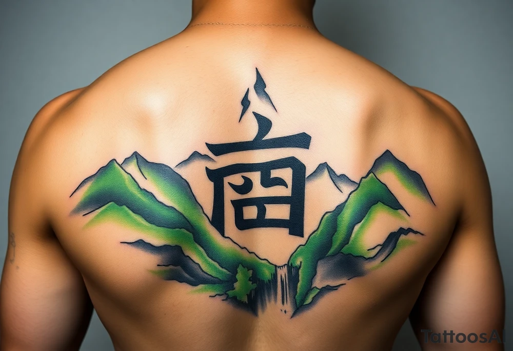 I need to import a photograph as the focal point of the tattoo. The Burmese word သား Inside of a photo the subject of the photo.  The photo surrounded by a colorful green mountainside with a waterfall tattoo idea