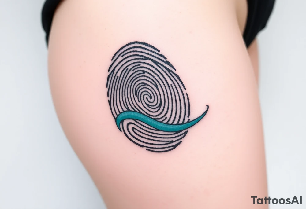 A fingerprint in dark teal and soft gray, shaped into a wave pattern, representing the flow of love over time tattoo idea