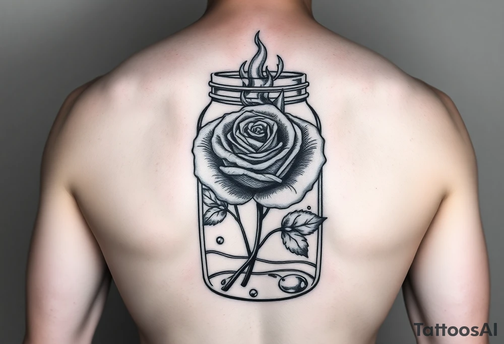 a rose on fire trapped in a jar with water drops. Whole jar with rose inside tattoo idea