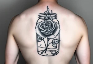 a rose on fire trapped in a jar with water drops. Whole jar with rose inside tattoo idea