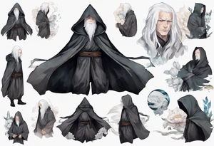 a pale gaunt man with white hair, grey eyes, and black hooded cloak. tattoo idea