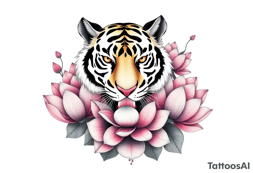 fierce tiger emerging through blooming lotus flowers in mist tattoo idea