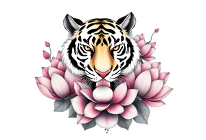 fierce tiger emerging through blooming lotus flowers in mist tattoo idea