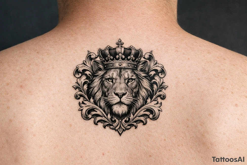 powerful majestic lion with a crown, framed by ornate floral scrollwork tattoo idea