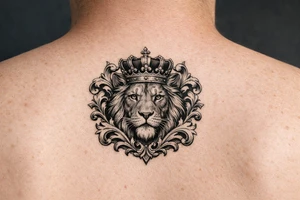 powerful majestic lion with a crown, framed by ornate floral scrollwork tattoo idea
