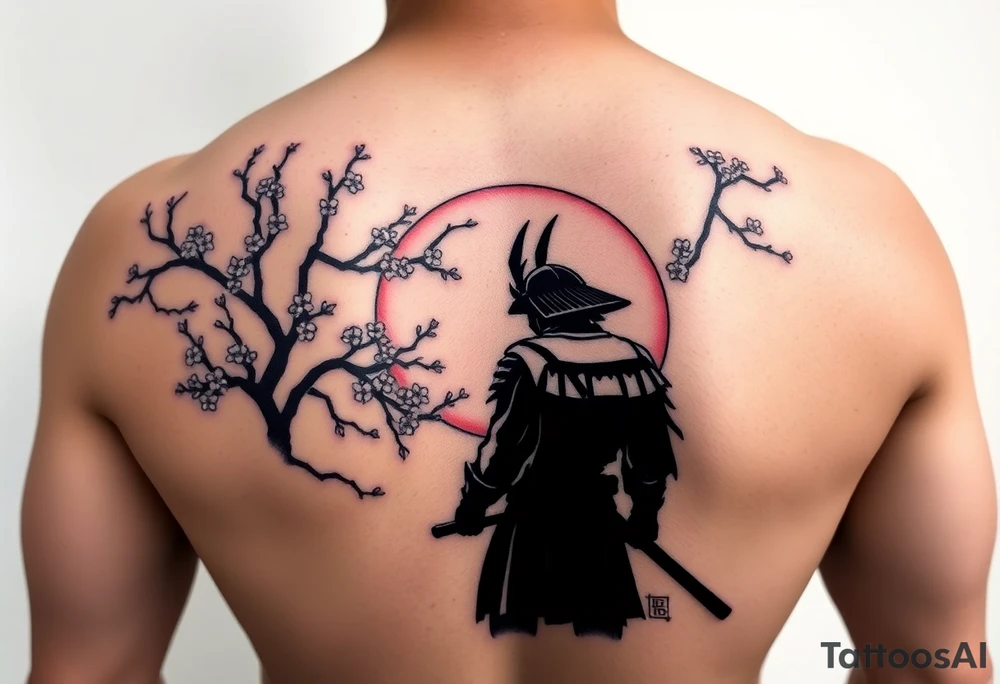 noble samurai warrior silhouette at sunset with cherry blossoms tattoo idea