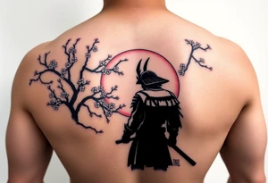 noble samurai warrior silhouette at sunset with cherry blossoms tattoo idea
