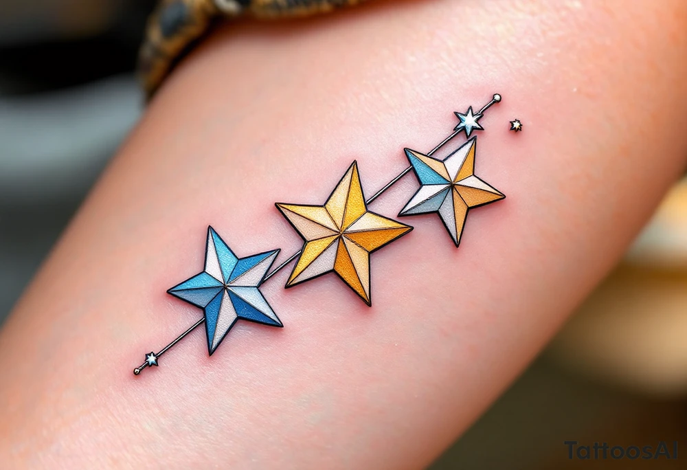 A constellation of three stars in pale blue, gold, and white, connected by a thin silver line. tattoo idea