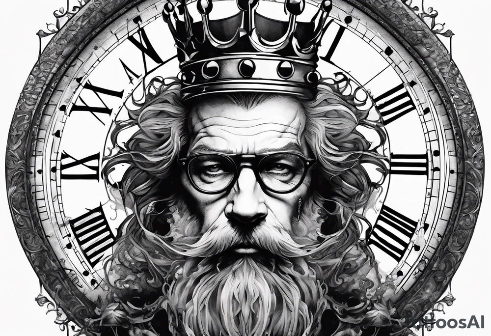 a mad scientist with a crown made out of clocks tattoo idea